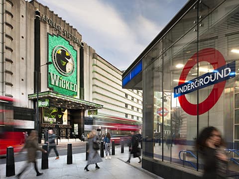 External view of the Apollo Victoria enmtrance from a distance. Photo by Philip Vile